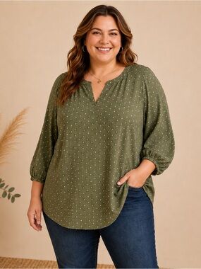 Croft & Barrow Women’s Tunic Blouse 2X Green Dot Split Neck 3/4 Sleeve Boho NWT